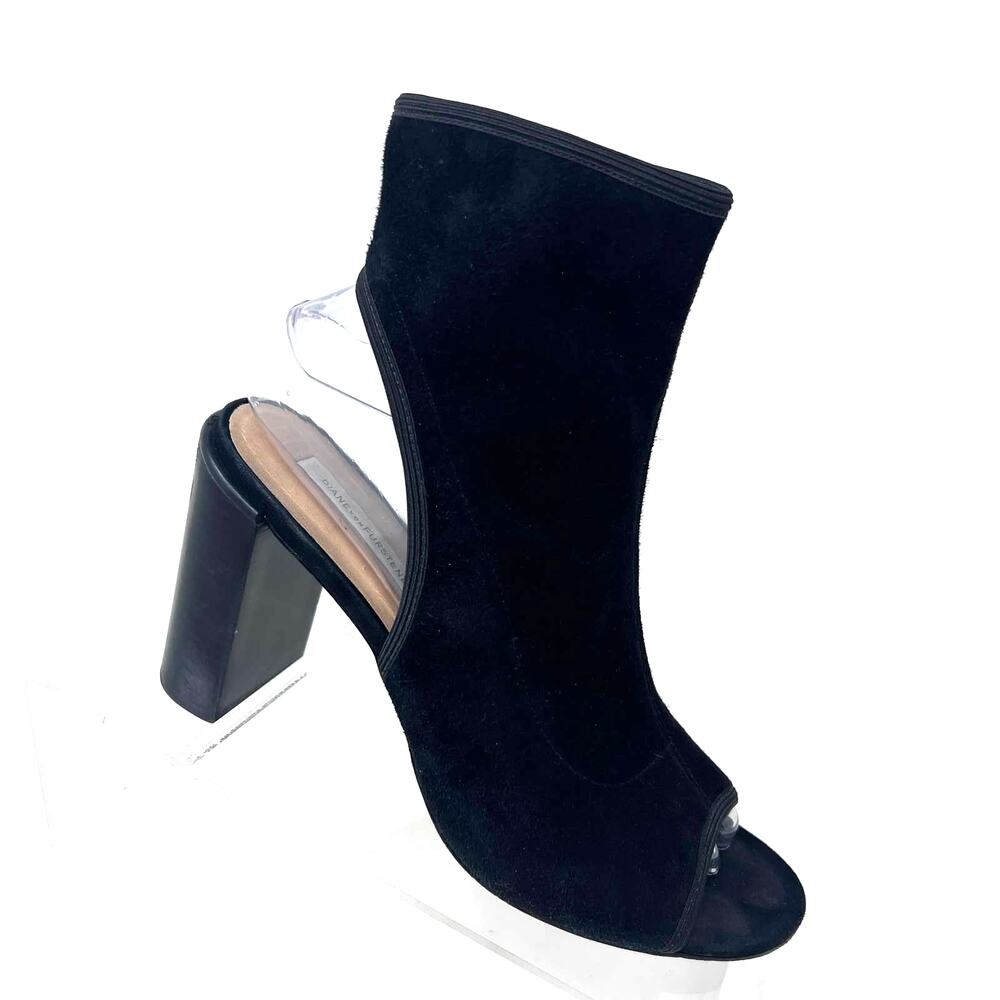 Diane von Furstenberg Panina Open Toe Bootie Womens Size 7.5 Heel Black Suede‎
